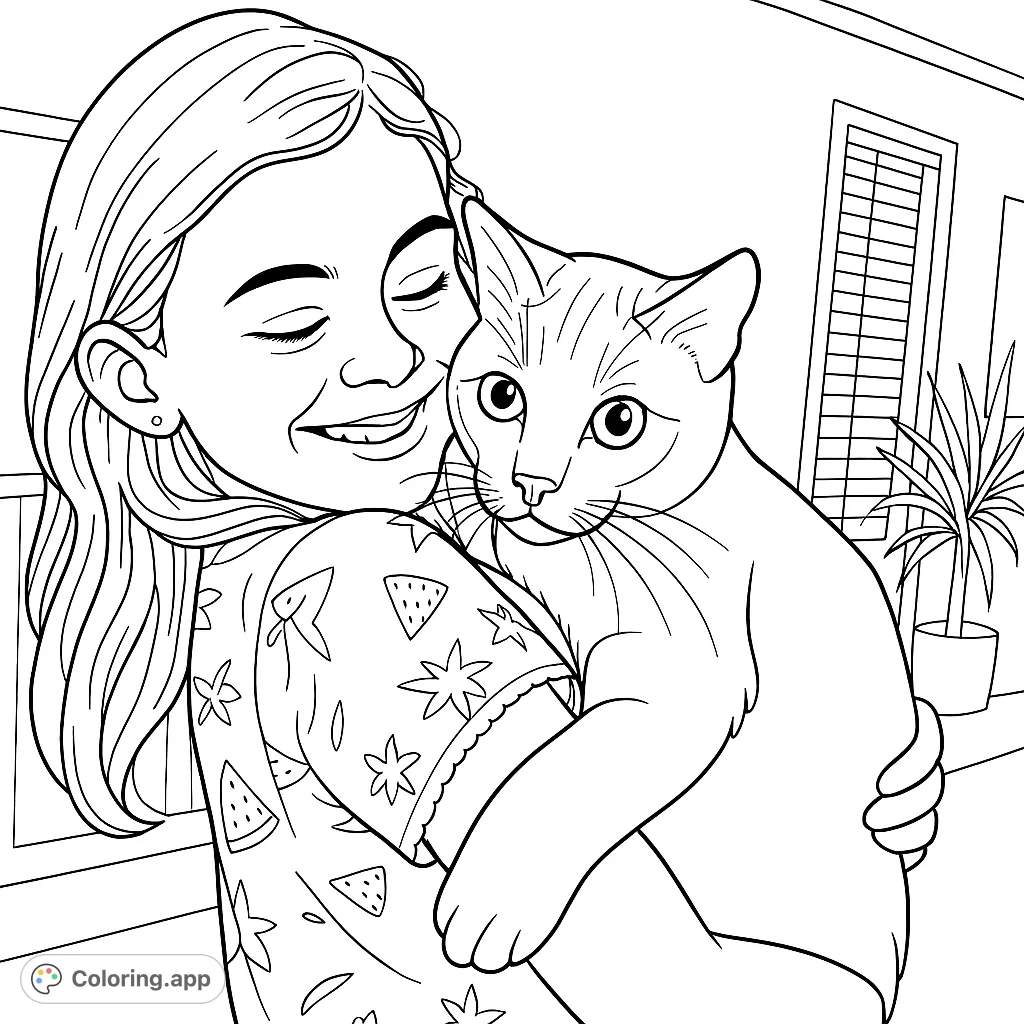 A heartwarming coloring page featuring a smiling child affectionately hugging their feline companion, perfect for capturing moments of pure joy and pet love.