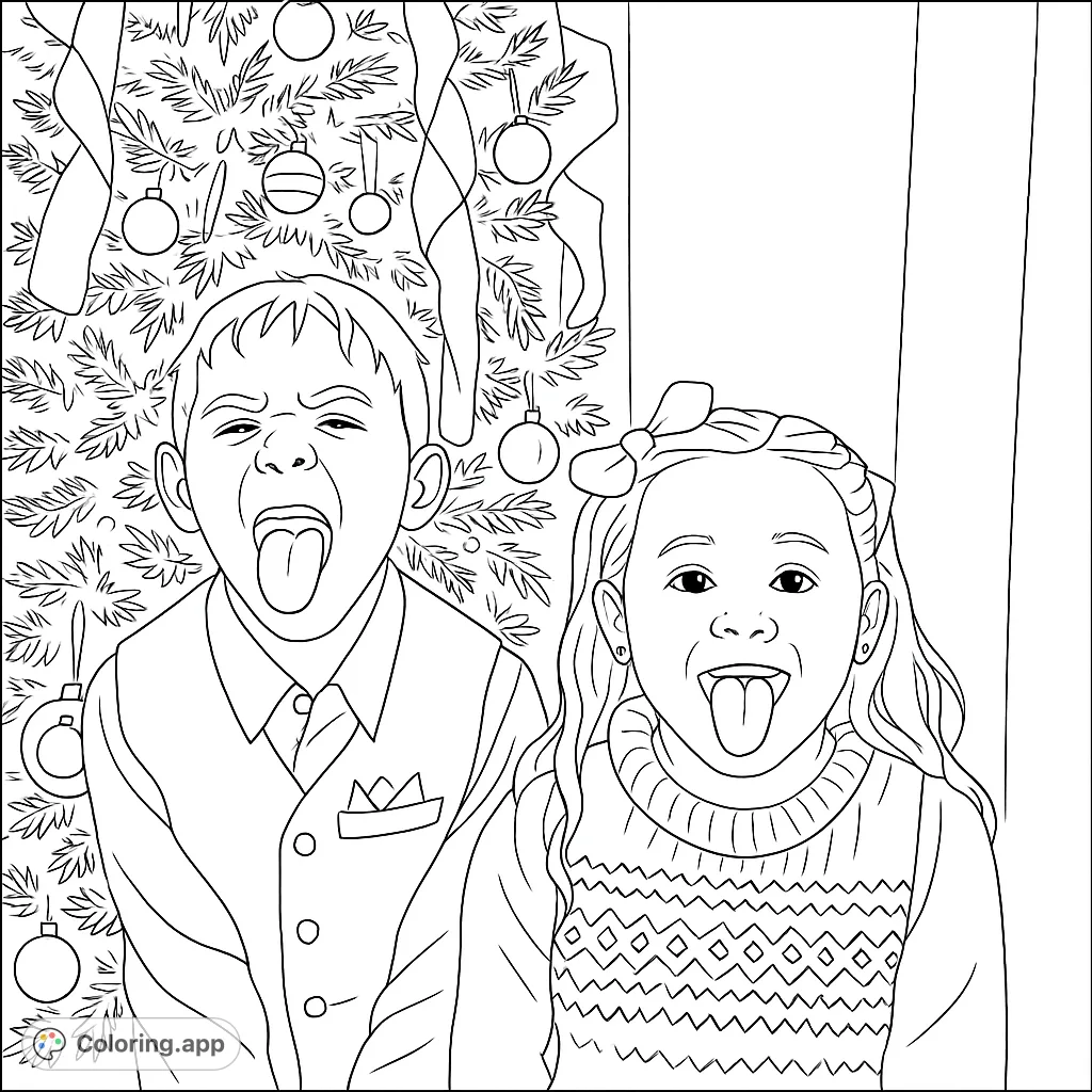 A festive coloring page featuring two playful children making funny faces in front of a beautifully decorated holiday tree, perfect for spreading cheer.