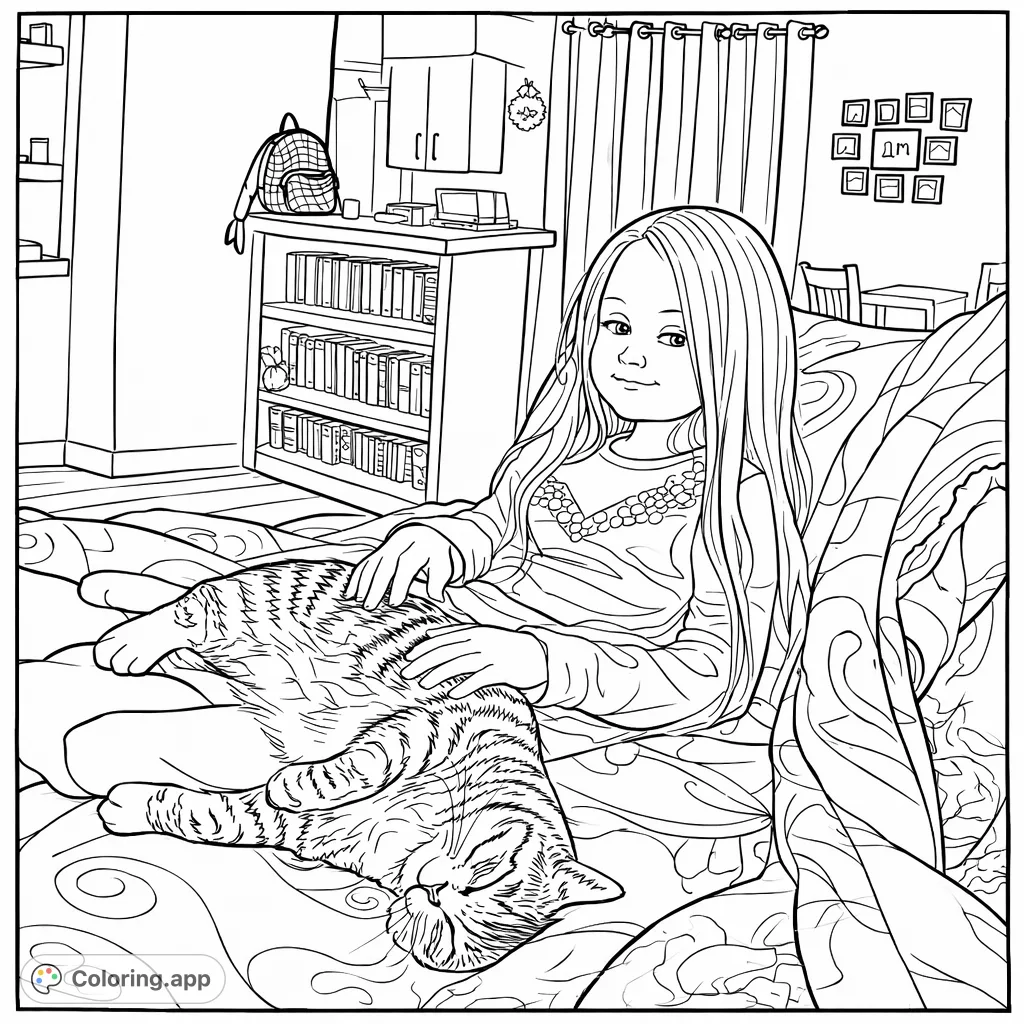 A heartwarming scene featuring a child and their pet feline relaxing together on a cozy couch, perfect for a peaceful coloring experience.