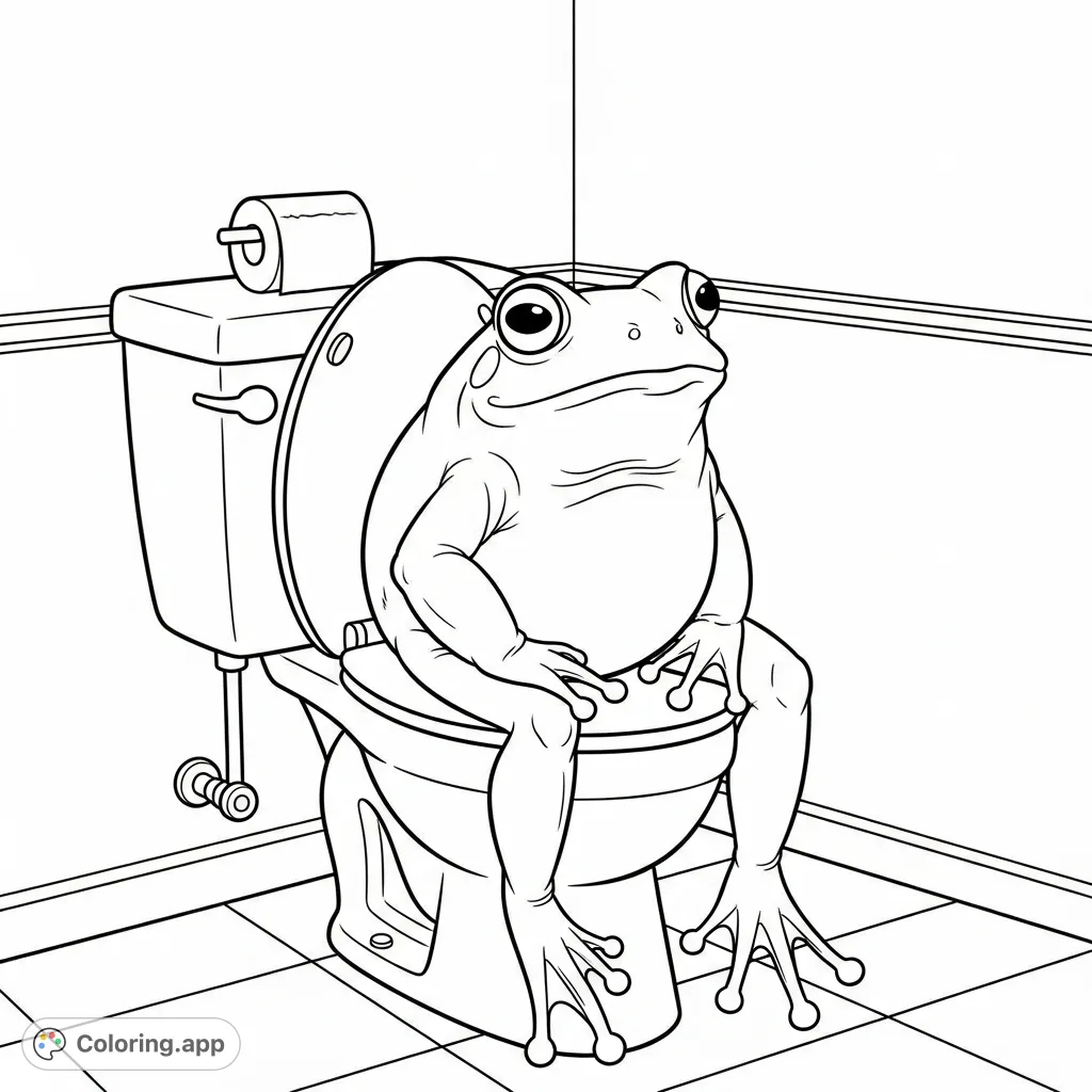 A humorous frog sits comfortably on a toilet, complete with a flusher and paper roll, set in a tiled bathroom. A whimsical scene for a funny coloring page.