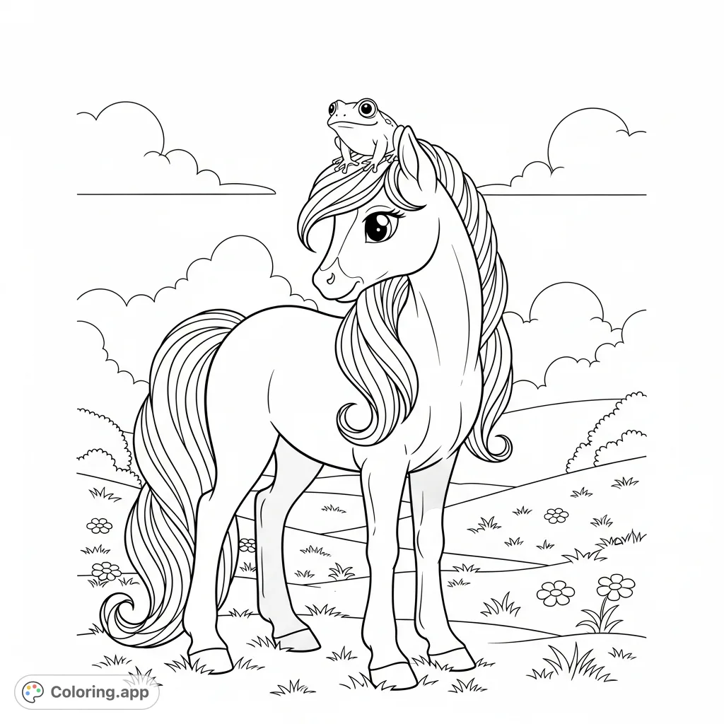 A charming pony with a frog companion on its head, set in a peaceful meadow. Perfect for nature and animal lovers seeking a serene coloring experience.