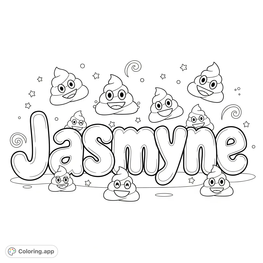 A playful "Jasmyne" in bubble letters surrounded by smiling poop emojis and whimsical shapes. A fun, free printable coloring page for a personalized touch.