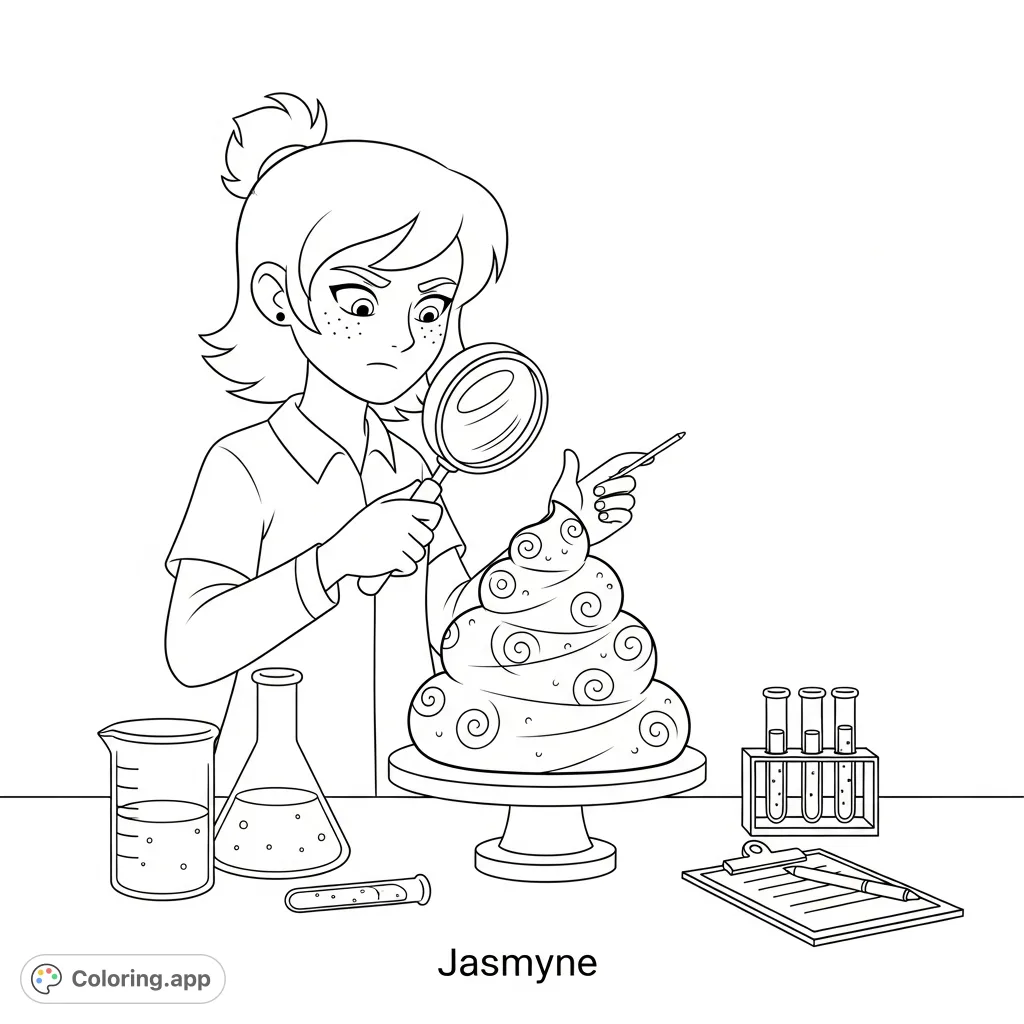 Jasmyne performs a scientific analysis on unique, whimsically patterned unicorn poop, surrounded by laboratory tools for a curious and detailed scene.
