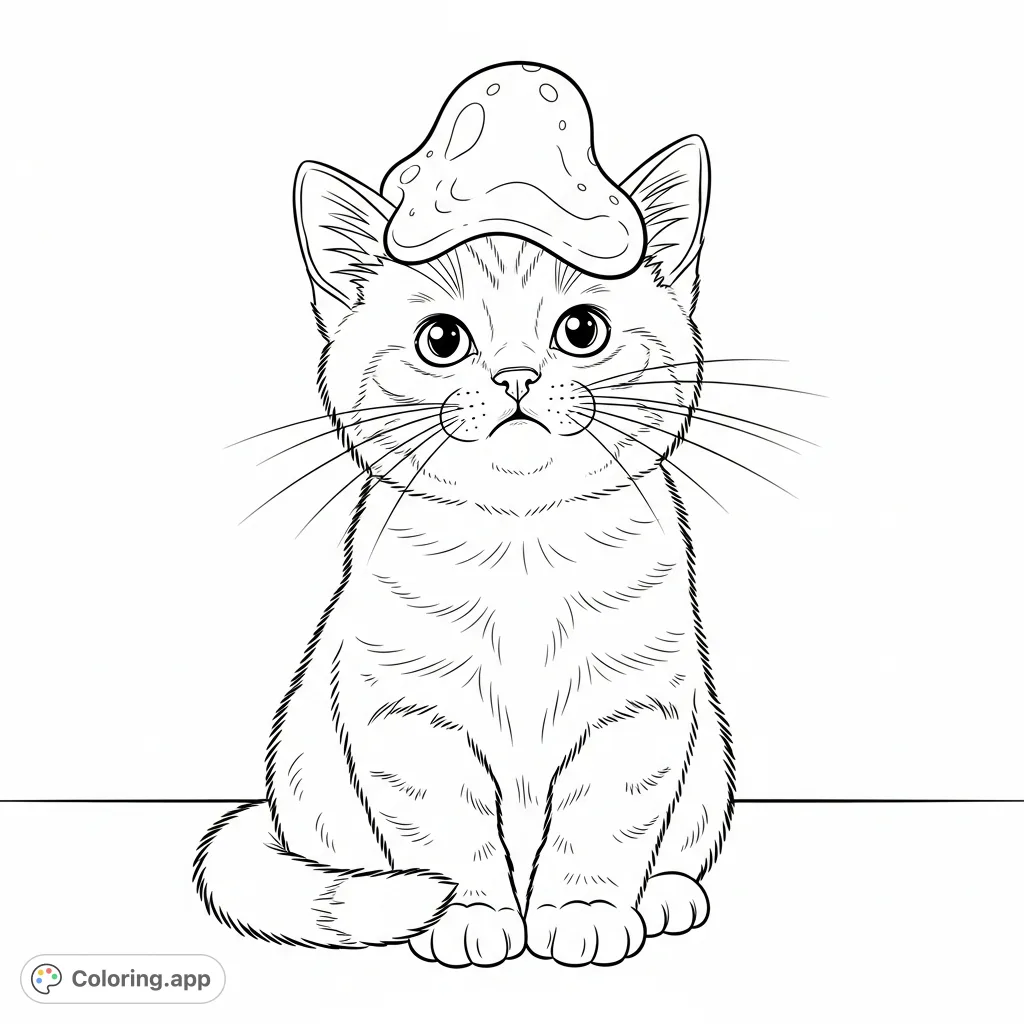 A humorous kitten coloring page featuring a fluffy feline with a funny, oddly shaped blob on its head. Perfect for playful coloring fun!