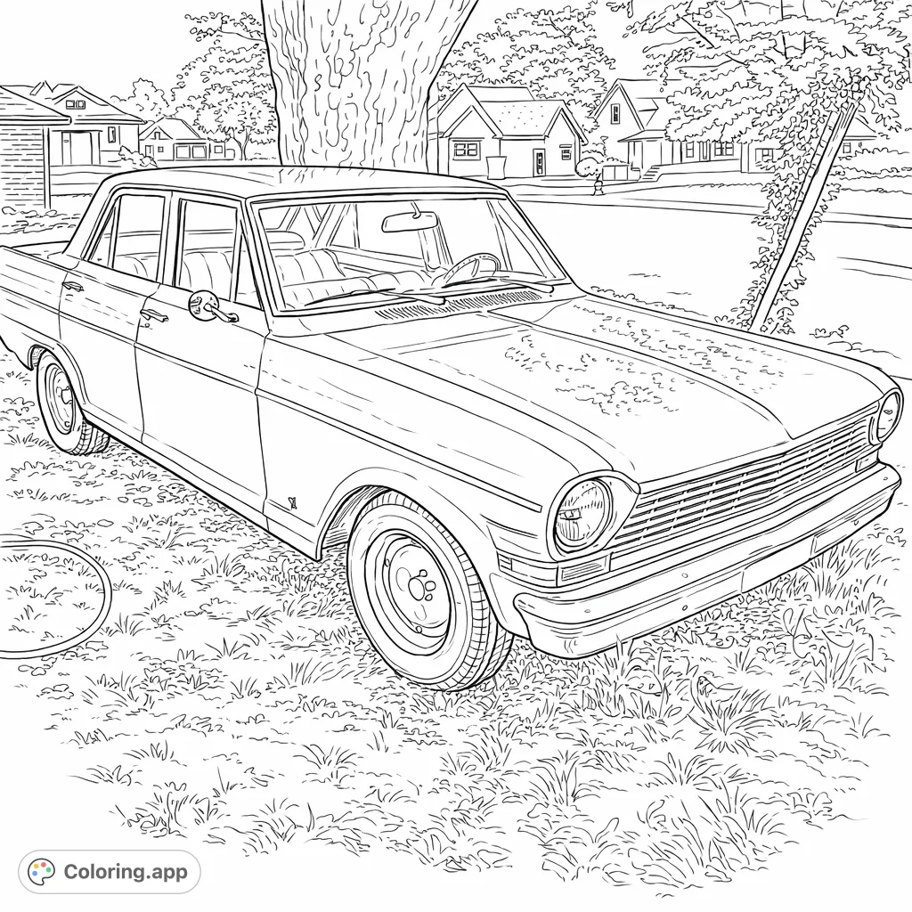 Color a classic sedan parked next to a large tree in a charming neighborhood setting, featuring intricate details perfect for vintage car and street scene enthusiasts.