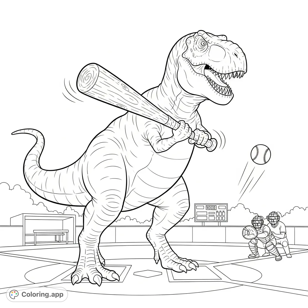 A humorous T-Rex coloring page depicting the prehistoric giant playing baseball, mid-swing with a massive bat on a lively field.