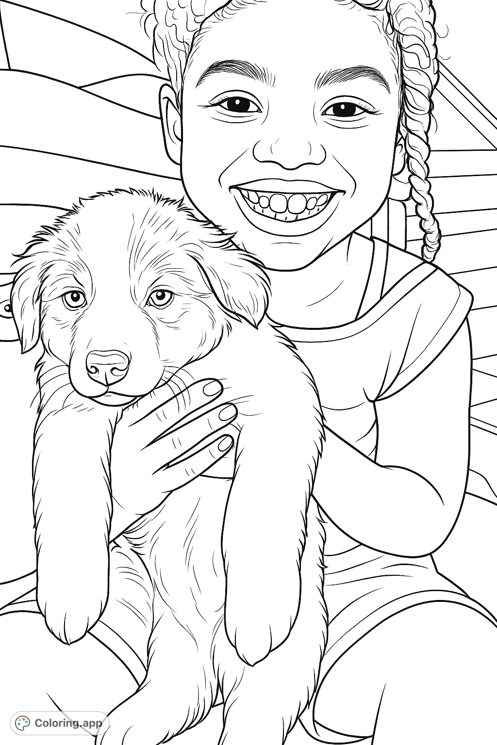 Capture a heartwarming scene of a joyful girl holding her adorable, fluffy puppy. A delightful page for animal lovers to color and cherish.