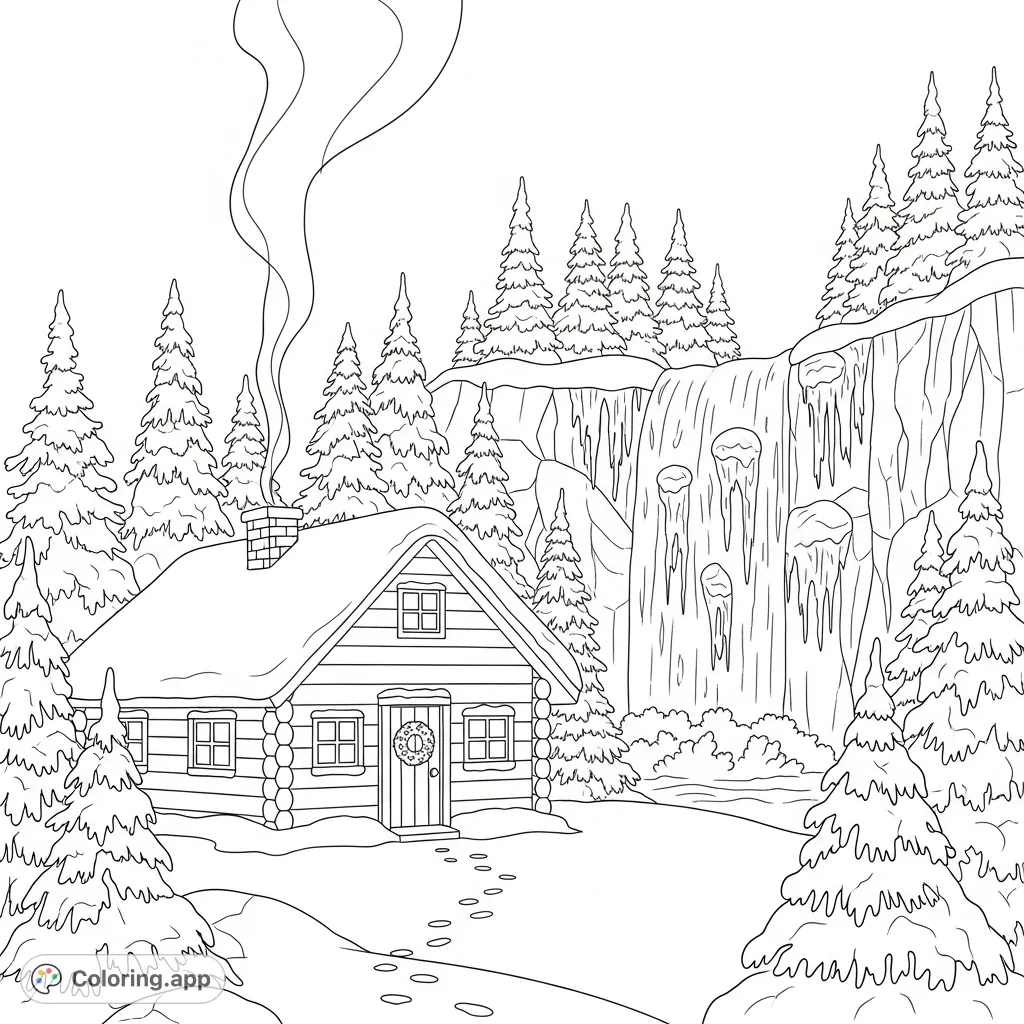 Escape to a winter wonderland with this cozy cabin nestled by a majestic, snowy waterfall. A tranquil Christmas scene perfect for relaxation and creative coloring.