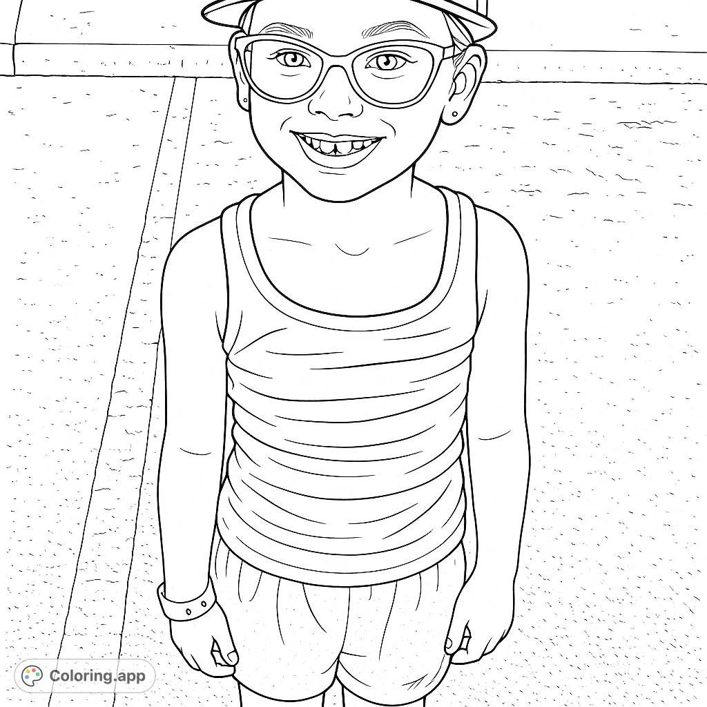 A charming coloring page featuring a young girl with a cheerful smile and unique glasses, perfect for a personalized coloring experience.