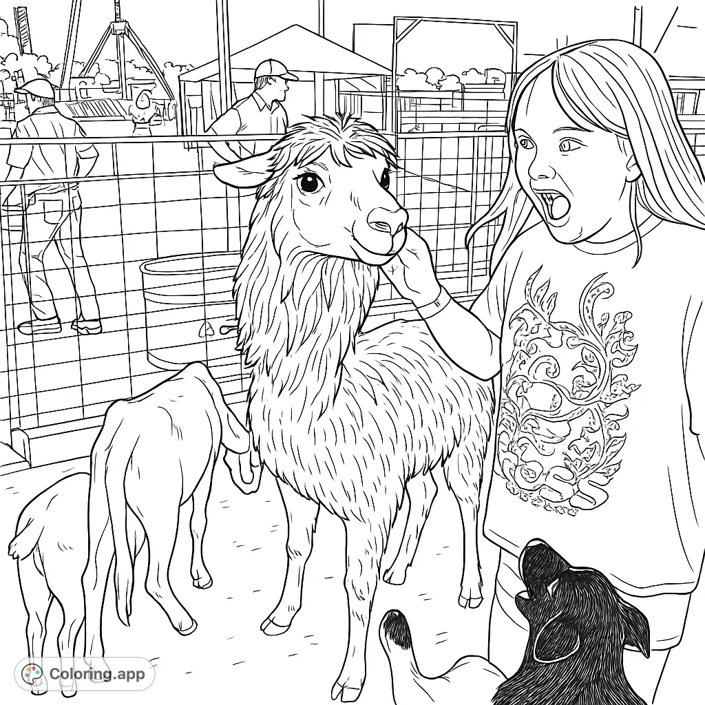 A delightful scene with a girl joyfully interacting with a fluffy alpaca and other small farm animals at a bustling fairground, perfect for a fun coloring adventure.