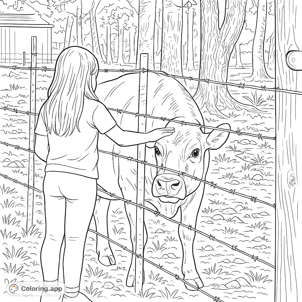 A heartwarming farm animal coloring page featuring a child gently petting a cow through a fence, surrounded by a rustic wooded landscape.