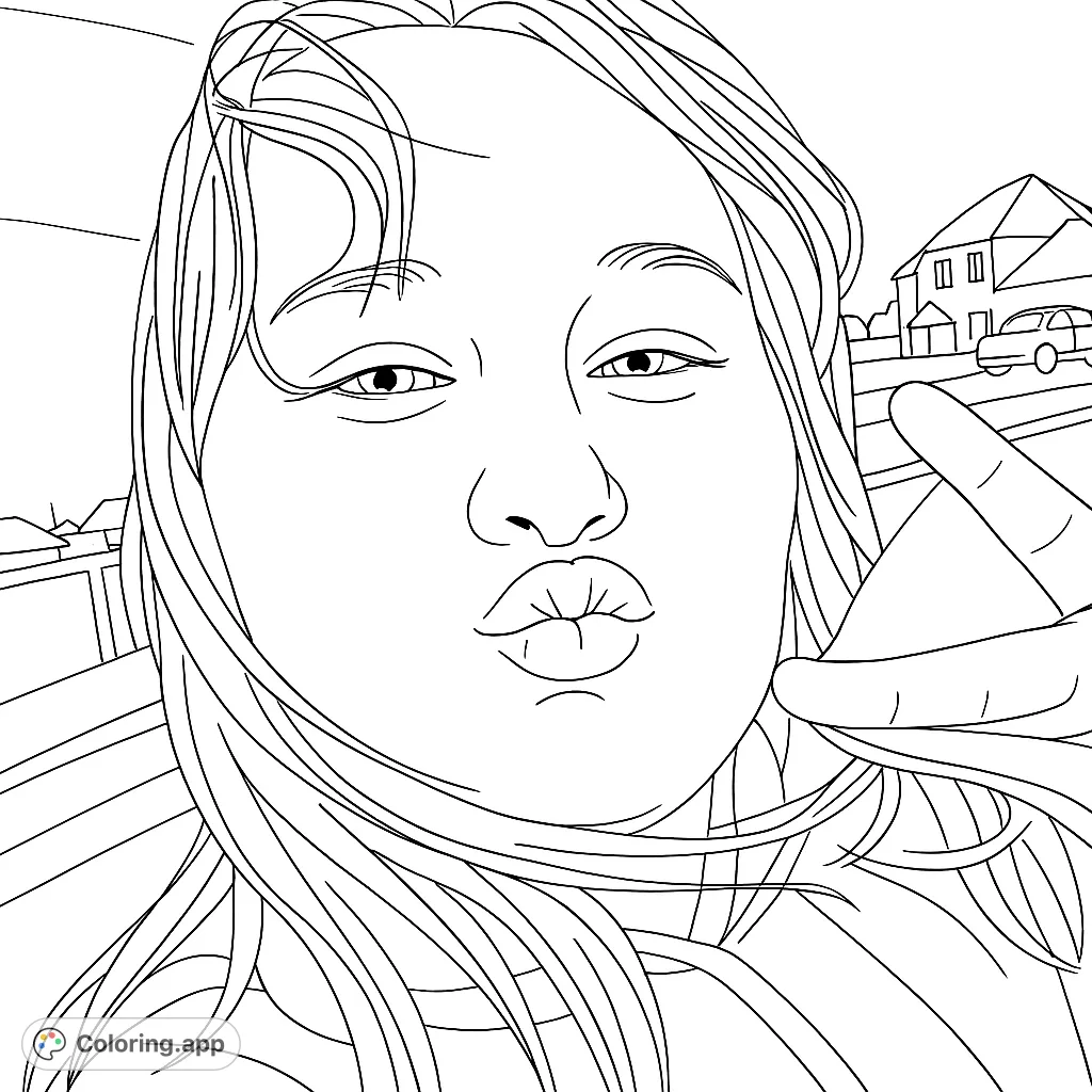 A charming portrait of a young person making a kissing face and a peace sign, set against a subtle outdoor background, perfect for creative coloring.