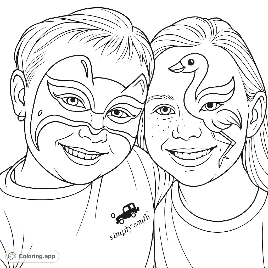 Two happy children showcase their fun face paint designs: a cool cat mask and a playful flamingo. Perfect for celebrating imagination!
