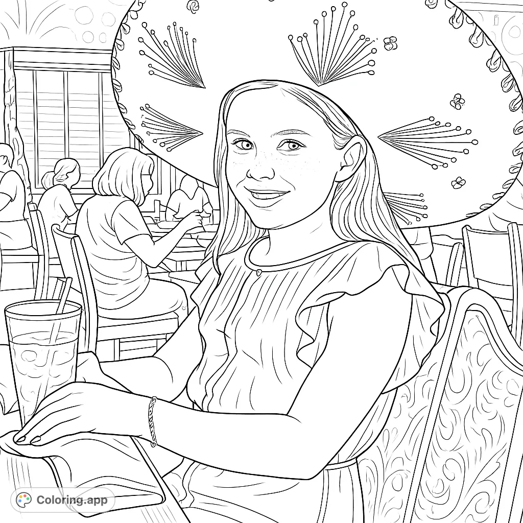 A charming portrait of a person wearing an oversized, intricately decorated sombrero. Features a ribbed top, a refreshing drink, and a festive restaurant ambiance.