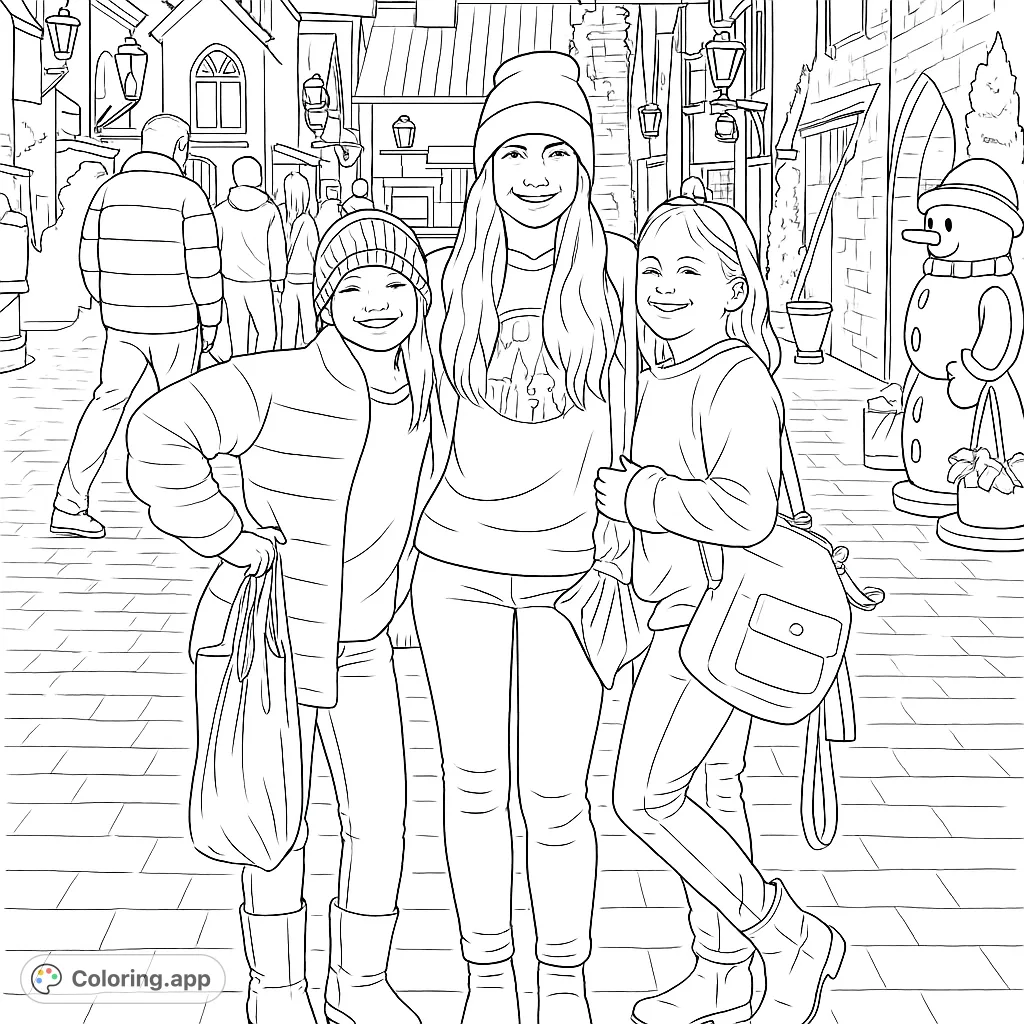 Capture the joy of friends posing in a charming, festive street scene with unique architecture and delightful snow figures, perfect for a cheerful coloring adventure.