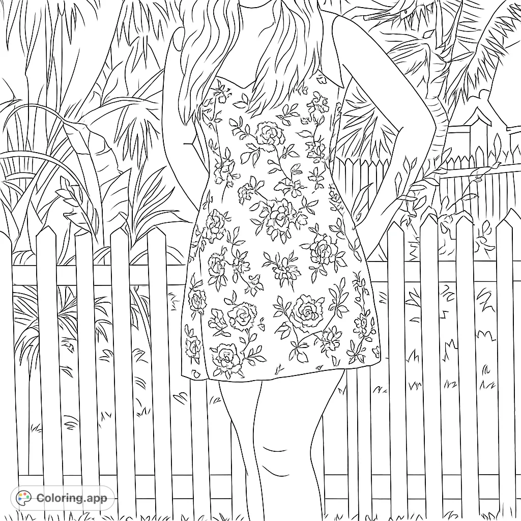 A stylish figure in a floral dress stands before a charming picket fence amidst lush garden greenery, perfect for fashion and nature enthusiasts.
