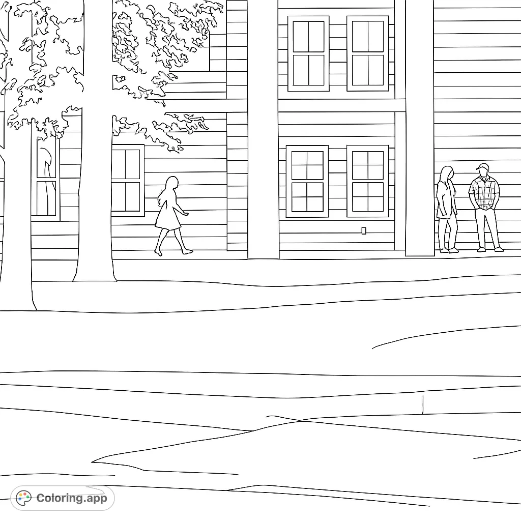 Color a nighttime scene featuring a lit building, silhouetted trees, and figures, offering a blend of architectural detail and human presence for creative expression.