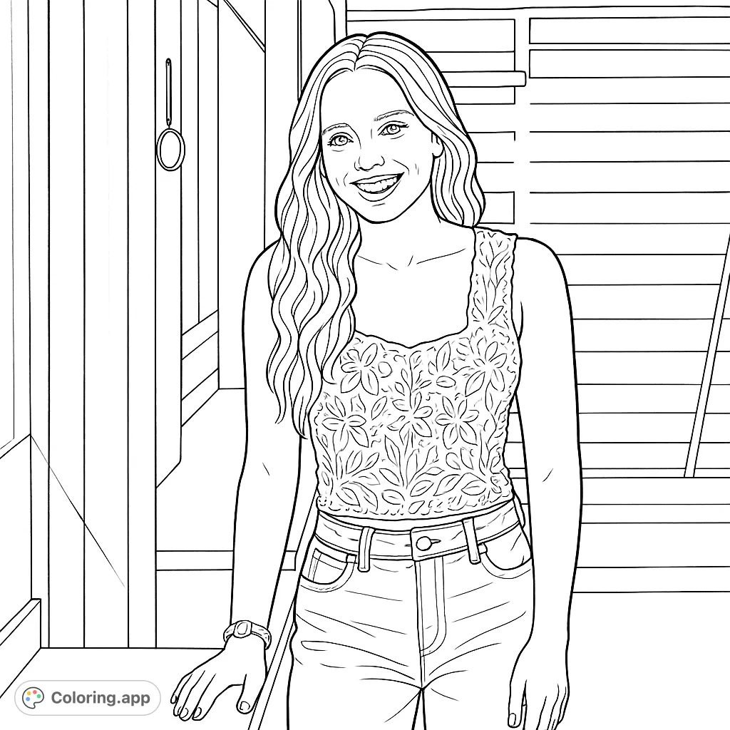 A delightful coloring page featuring a smiling young woman with wavy hair, casually dressed, standing by a window bathed in bright light.