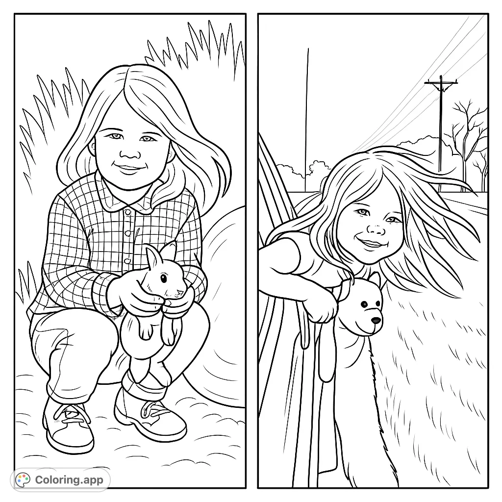 Capture the essence of childhood joy with two delightful scenes of a smiling child, exploring outdoors and enjoying a windy car ride with a plush friend.