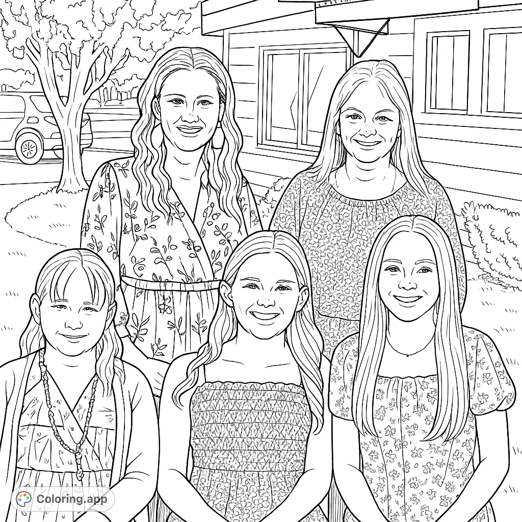 Capture the warmth of family with this delightful coloring page featuring two adults and three younger females smiling outdoors. Perfect for all ages.