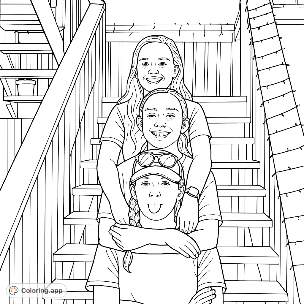 Three smiling family members pose on a wooden staircase. A delightful scene perfect for personalizing with vibrant hues.