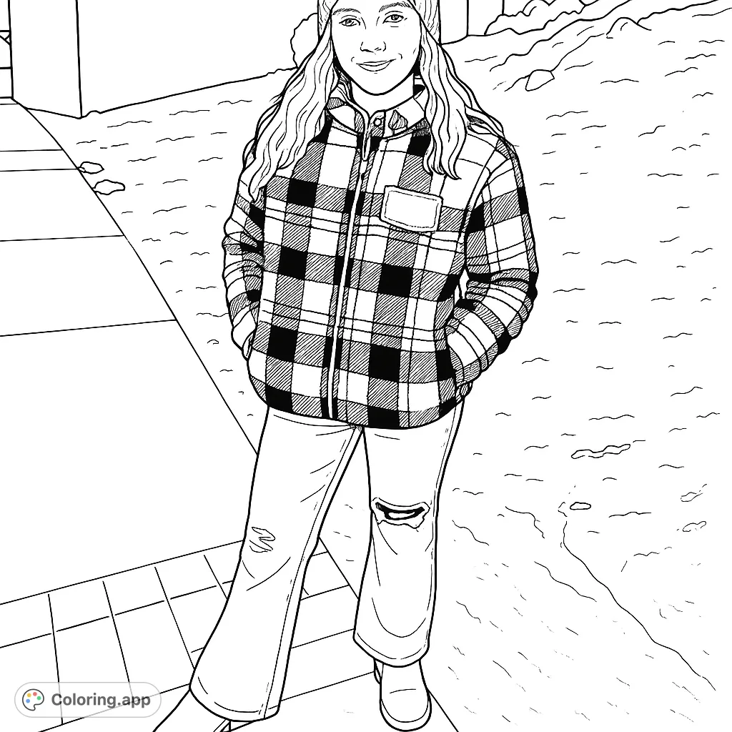 Capture the relaxed vibe of a young person in a stylish plaid pullover and distressed jeans, standing outdoors. Perfect for fashion and everyday scene enthusiasts.