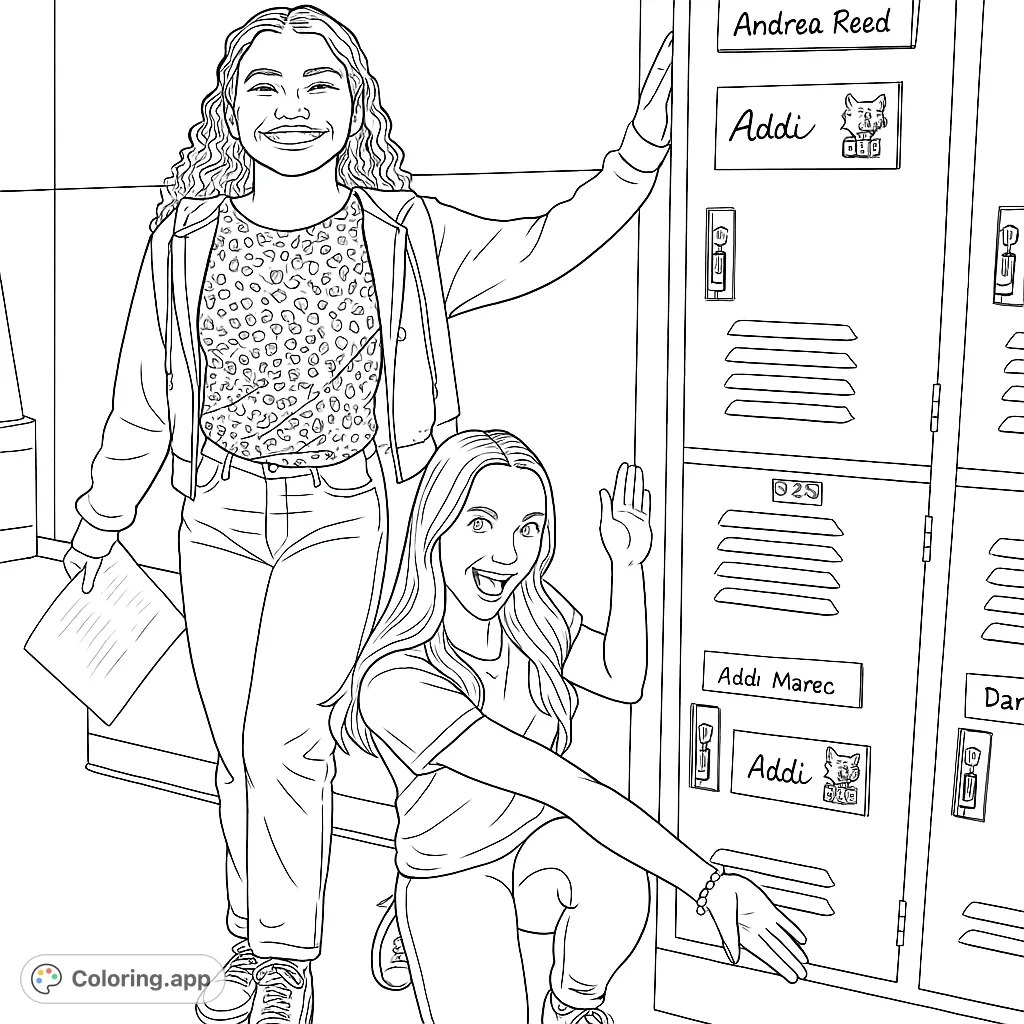 Two cheerful friends pose by lockers in a school hallway, one standing, one crouching. A fun and engaging scene perfect for creative coloring sessions!