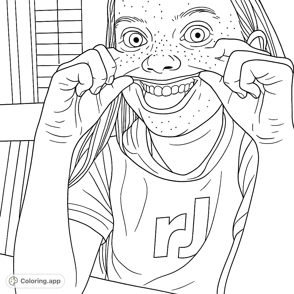 Capture a moment of pure silliness with this fun coloring page featuring an exaggerated facial expression pulled by hands, perfect for laughs!