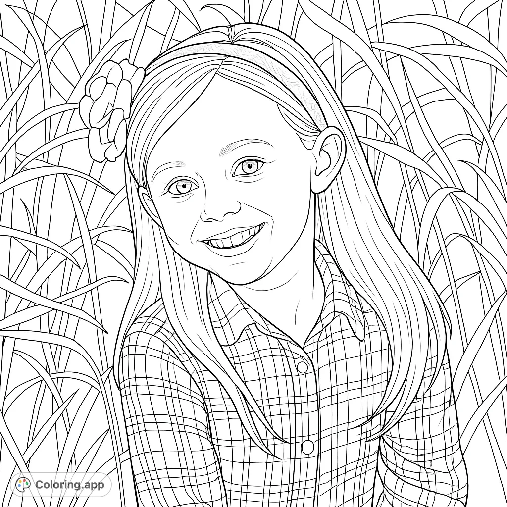 A cheerful child's portrait featuring a broad smile, long hair, a patterned shirt, and a decorative headband against a natural, textured backdrop.