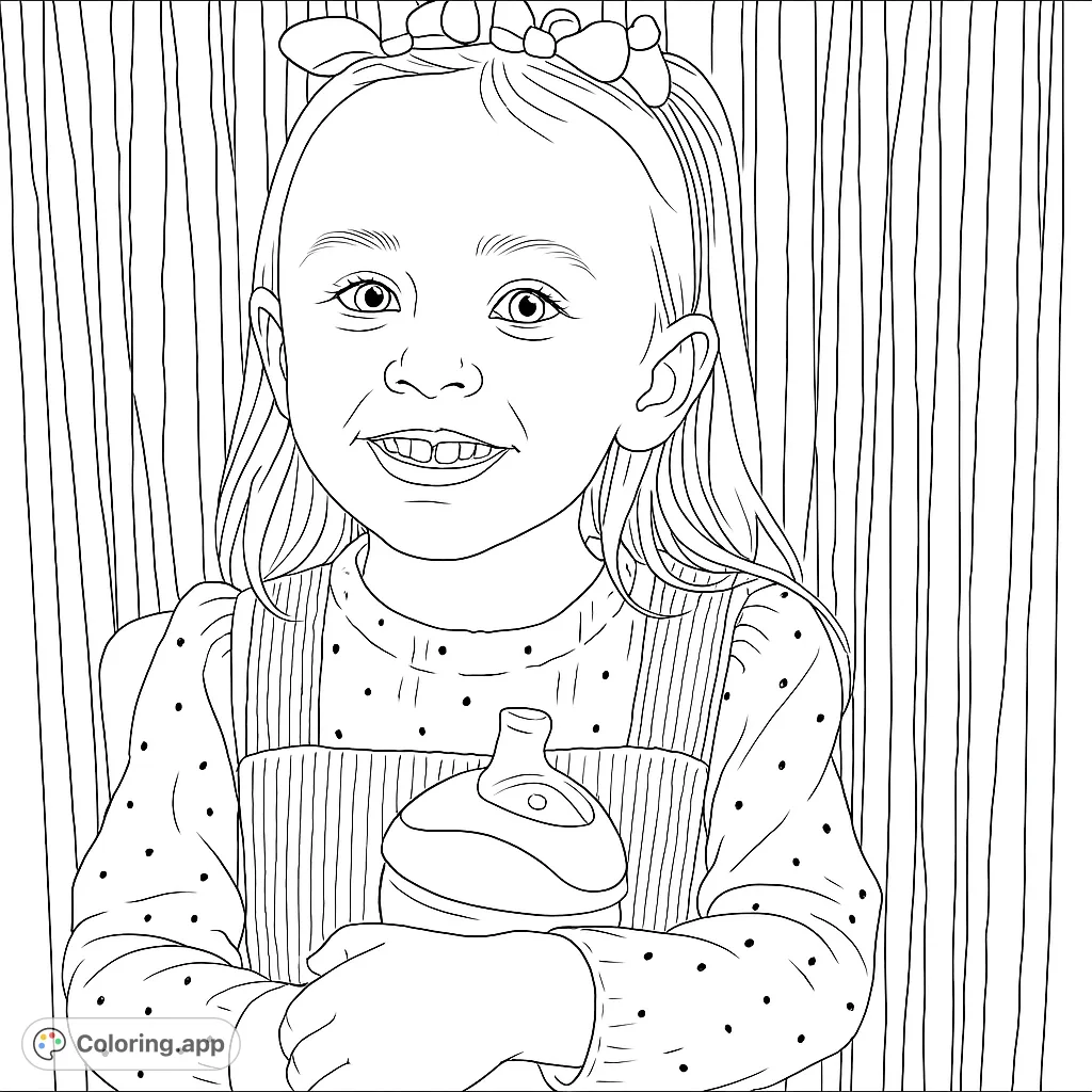 A delightful child smiles brightly, holding a toy, against a festive backdrop. Features a bow and patterned clothing for a charming coloring experience.