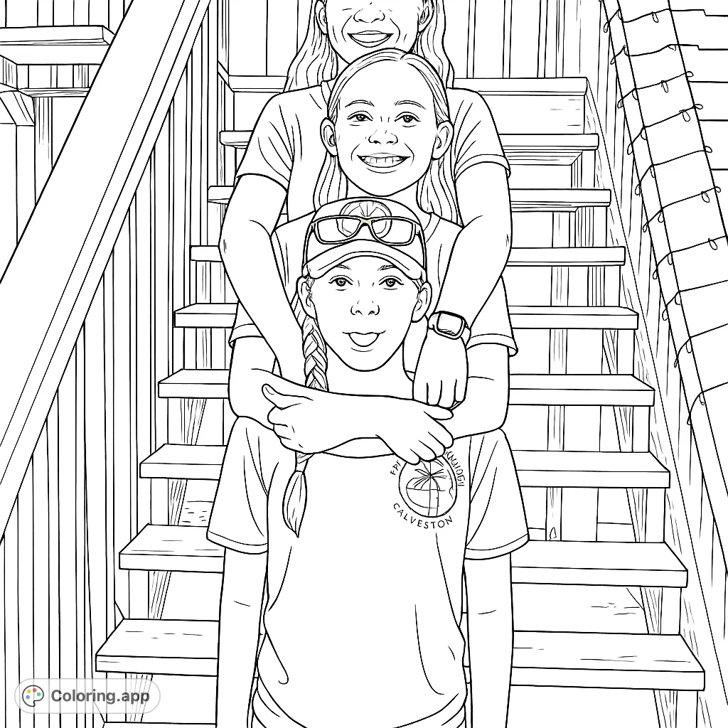 Capture the joyful bond of three individuals stacked on a rustic wooden staircase. A delightful scene offering warmth and family connection.