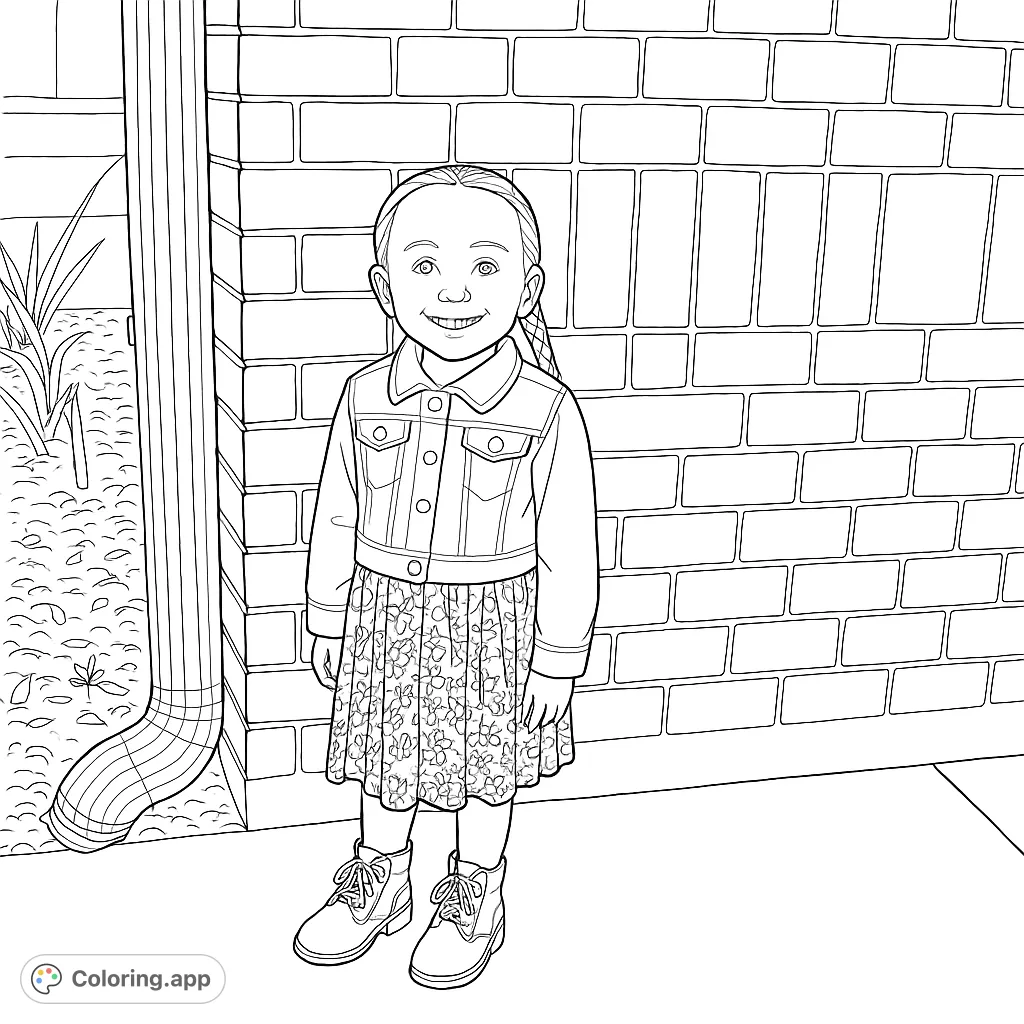 A cheerful girl with braided hair smiles, wearing a patterned dress and jacket, standing against a brick wall. Perfect for young artists!