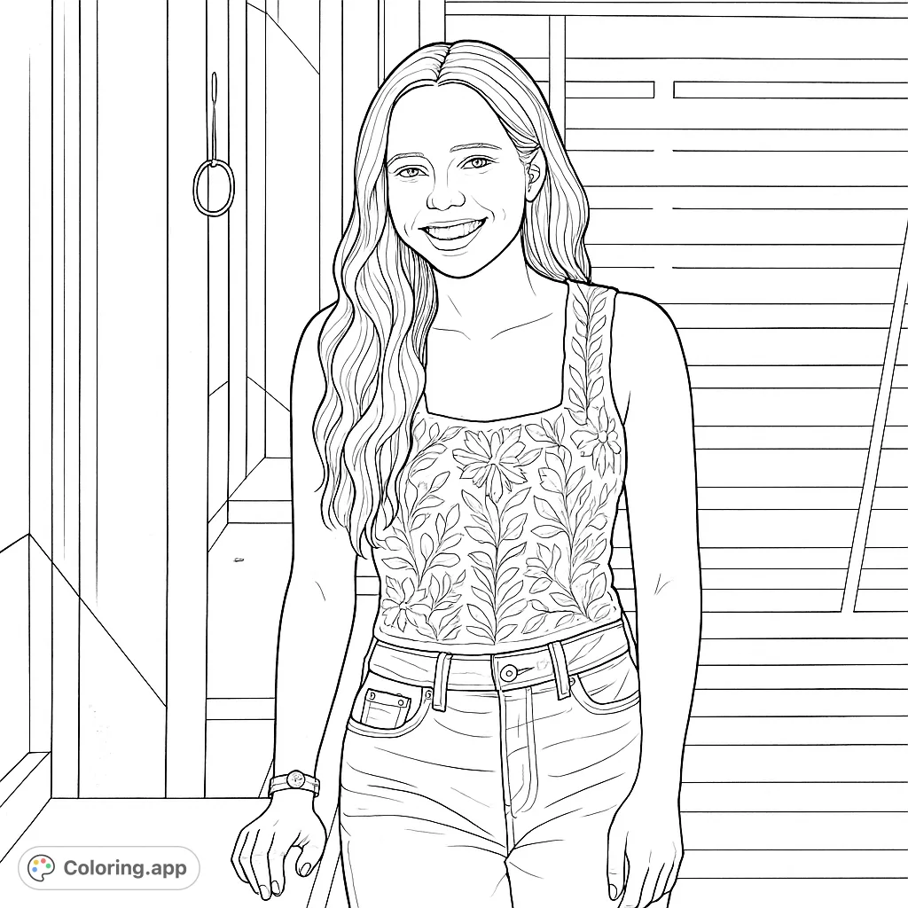 A delightful portrait of a smiling young woman with wavy hair, wearing a patterned top and jeans. Features dynamic light and shadow effects in an indoor setting.