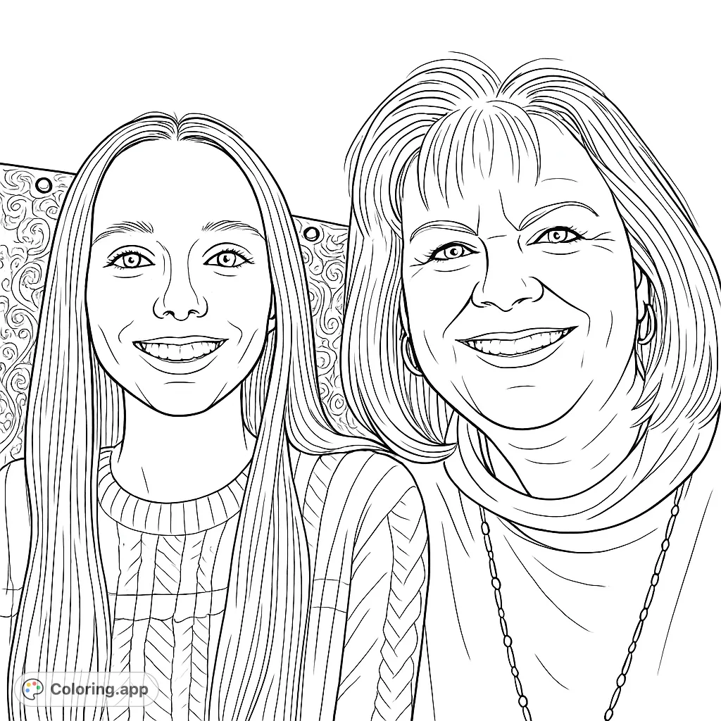 A heartwarming portrait of two smiling women, perfect for personalizing. Features detailed hair, expressive faces, and patterned clothing for a creative coloring experience.