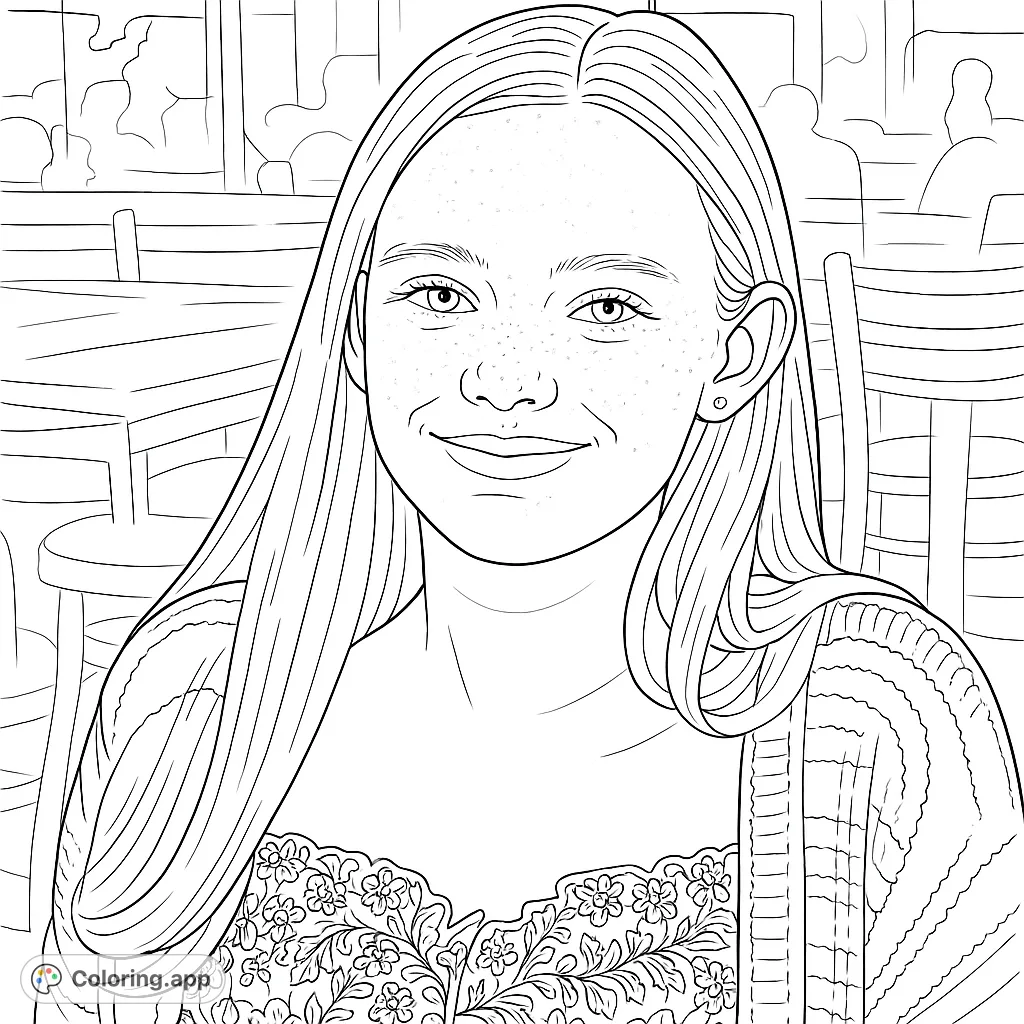 Capture the friendly face of a young individual with long hair, a warm smile, and a patterned outfit in this engaging portrait coloring page.