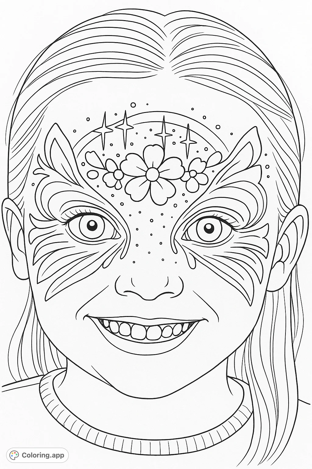 A delightful coloring page featuring a child's face adorned with an intricate butterfly and rainbow face paint design, perfect for imaginative coloring.