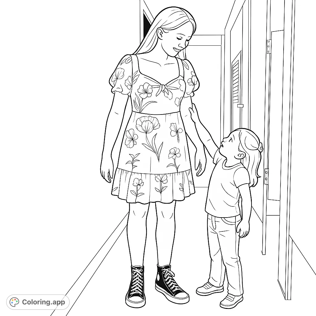 Capture a heartwarming scene of an older girl in a floral dress and a small child reaching up. A delightful big sister coloring page for all ages.