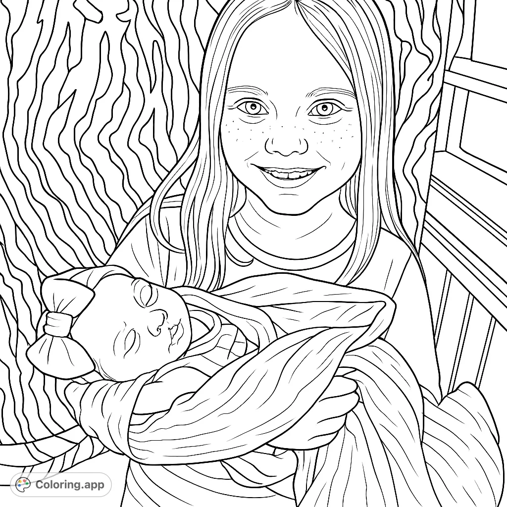 A heartwarming free printable coloring page featuring a smiling young girl tenderly holding a sleeping infant, set against a fun, patterned background.