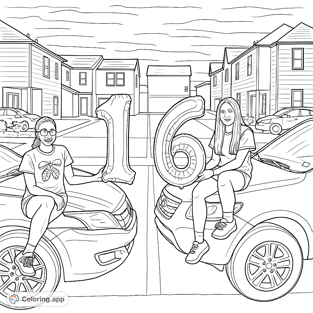 Celebrate a special milestone! This festive coloring page features two friends and large "16" balloons, set against a charming suburban backdrop.