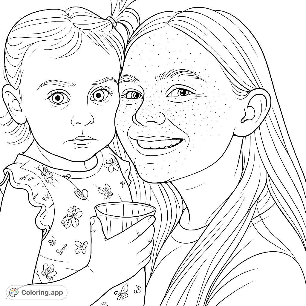 A heartwarming scene of two girls, an older one smiling and a younger one held close, capturing a tender moment of sisterly affection. Perfect for coloring.