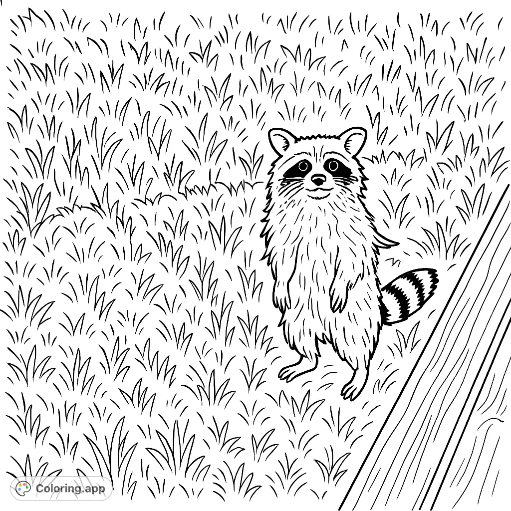 Color this charming raccoon standing tall amidst grassy ground, observing its surroundings. Perfect for animal lovers and nature enthusiasts of all ages.
