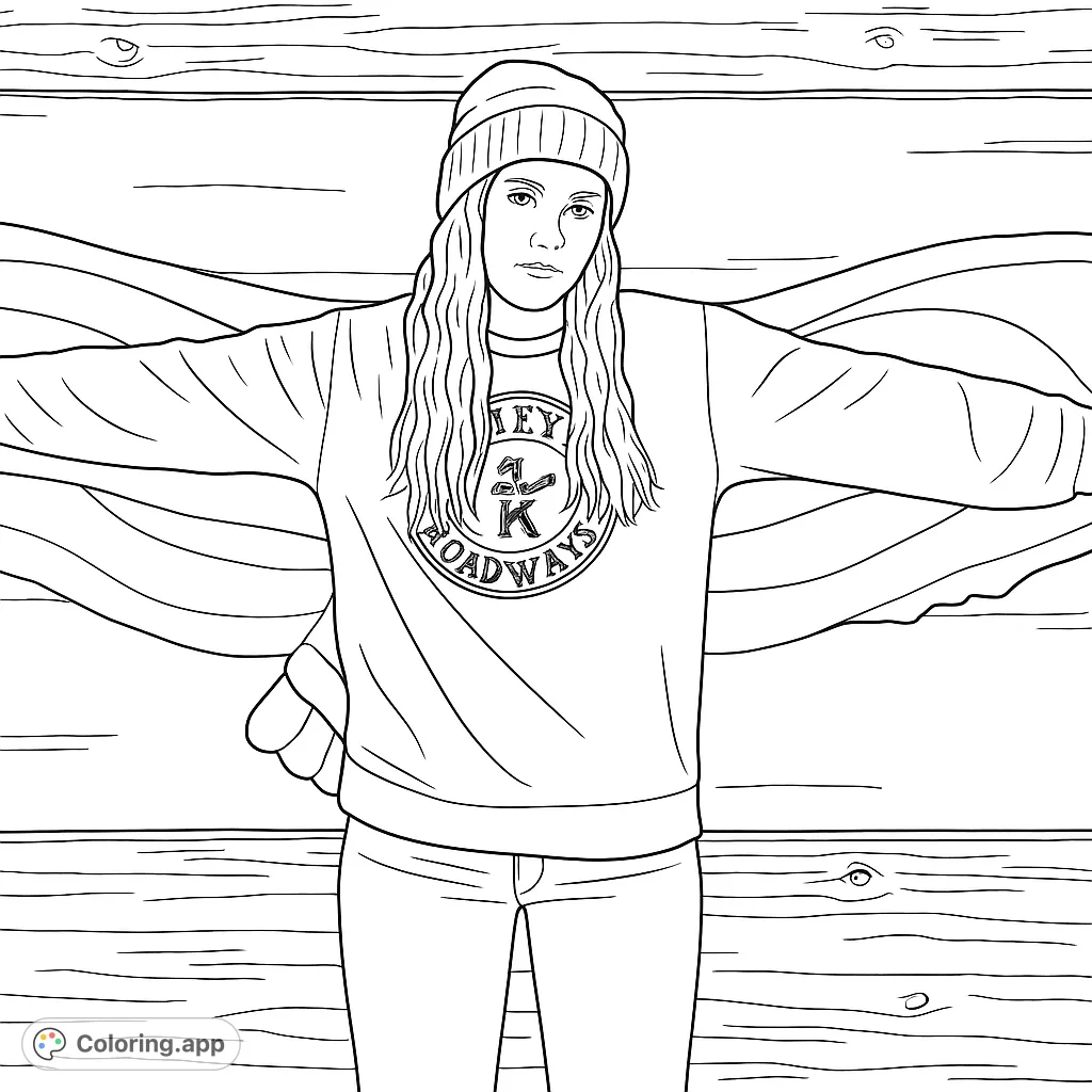Capture a moment of playful expression with this portrait featuring a person with outstretched arms mimicking a winged mural. A fun, expressive coloring page.
