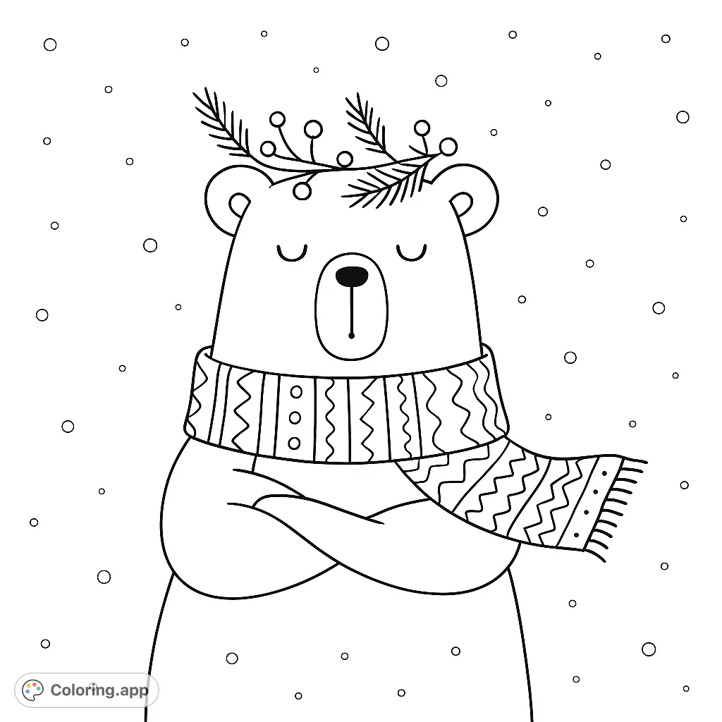 A charming winter bear wearing a patterned scarf and a berry wreath. This free printable polar bear coloring page is perfect for festive fun and relaxation.