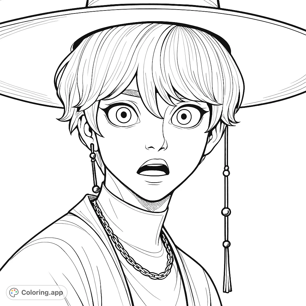 Color a unique character portrait featuring a wide-brimmed hat, short hair, expressive eyes, intricate facial markings, and detailed accessories for a modern aesthetic.