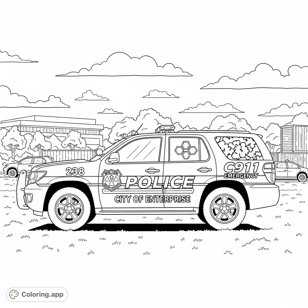 Color a detailed civic service sport utility vehicle with 'POLICE' and 'CITY OF ENTERPRISE' markings, surrounded by urban elements and a cloudy sky.