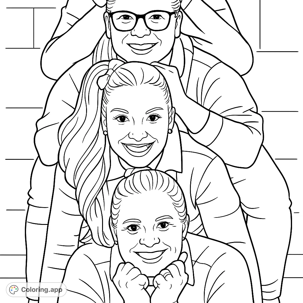 A cheerful human stack of three women, playfully posing and smiling, ready for a burst of creative expression. Perfect for anyone who loves fun, people-themed coloring.