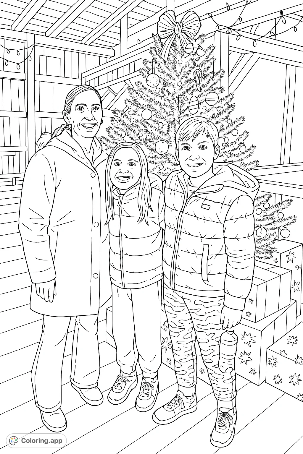 A heartwarming family portrait with a decorated Christmas tree and presents, set in a rustic indoor scene. Perfect for holiday coloring.