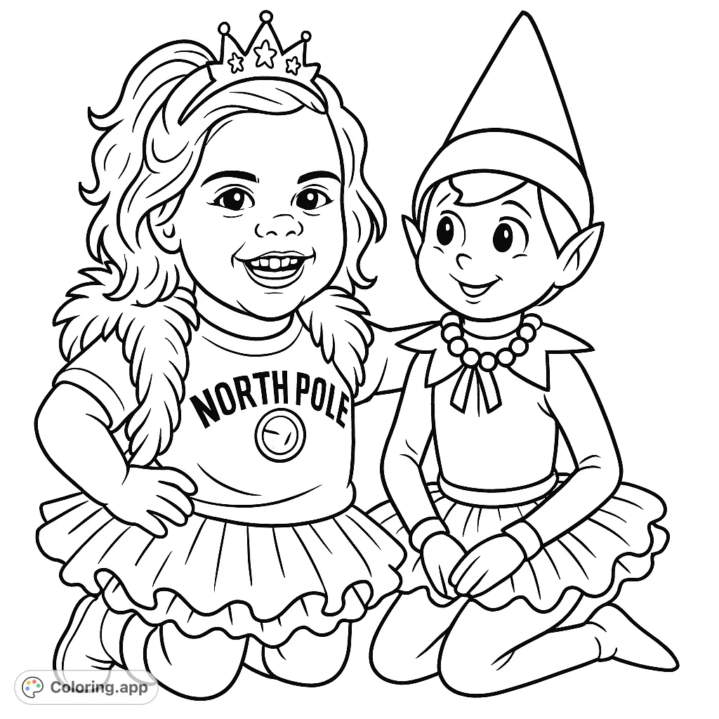 Join Lili and the Elf on the Shelf in a joyful Christmas dress-up scene! A delightful holiday coloring page for kids, perfect for festive fun and imaginative play.