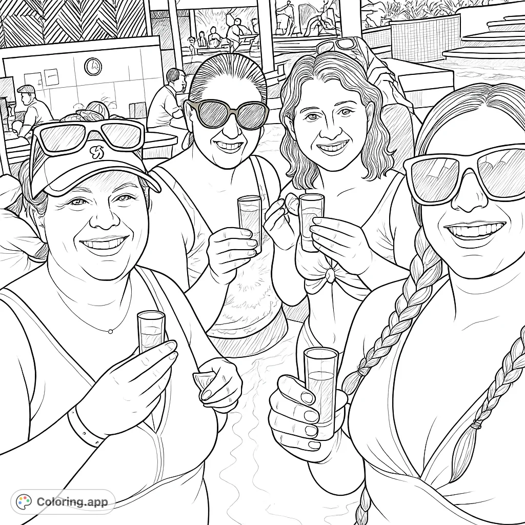 Four smiling women enjoy drinks in a vibrant pool setting, perfect for a fun and relaxing coloring activity for adults.