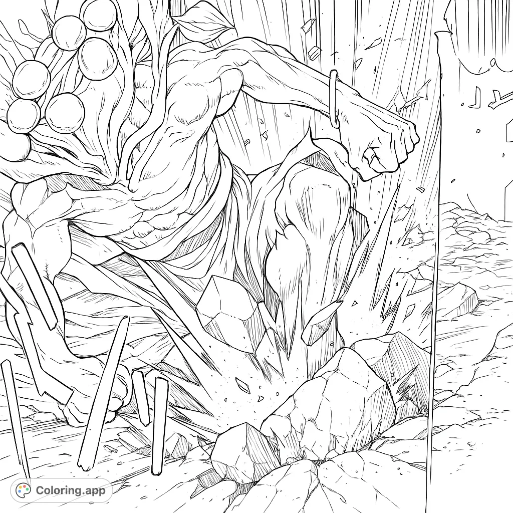 Unleash your creativity with this action-packed coloring page featuring a powerful, muscular figure amidst shattered debris. Perfect for fans of dynamic scenes.